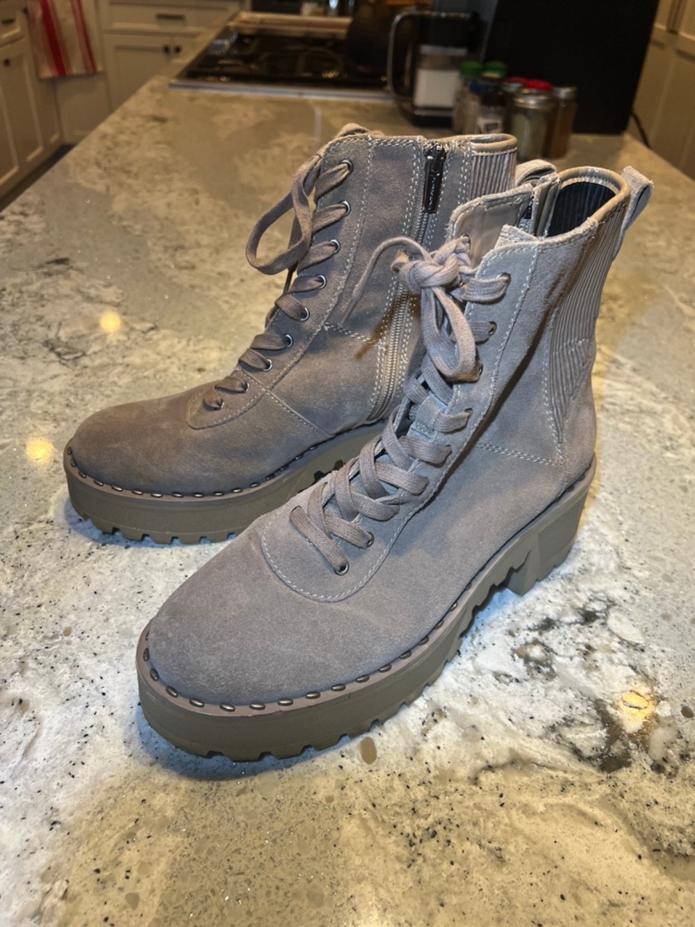 NEW Vince Camuto Mabrela Suede Platform Combat Boots - Taupe - Size 9.5 - Picture 10 of 10